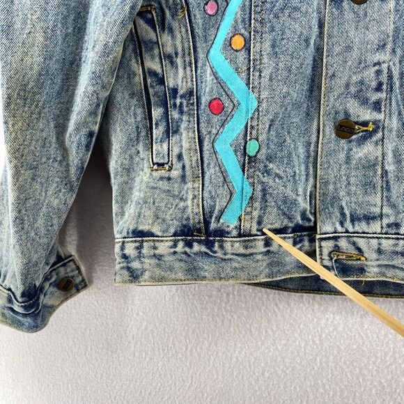 JD DESIGNWORKS Jacket Mens L Painted Applique Denim Trucker Button Up Blue VTG - Picture 13 of 16